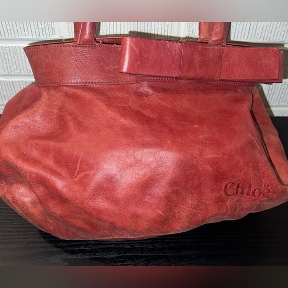 CHLOE Red Leather Bow Shoulder Bag - Picture 6 of 10